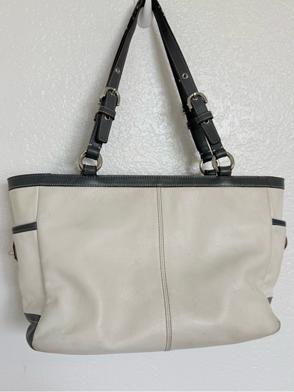 Coach F13759 East West Gallery Pleated Leather Shoulder Bag Cream Gray Tote - Picture 3 of 10
